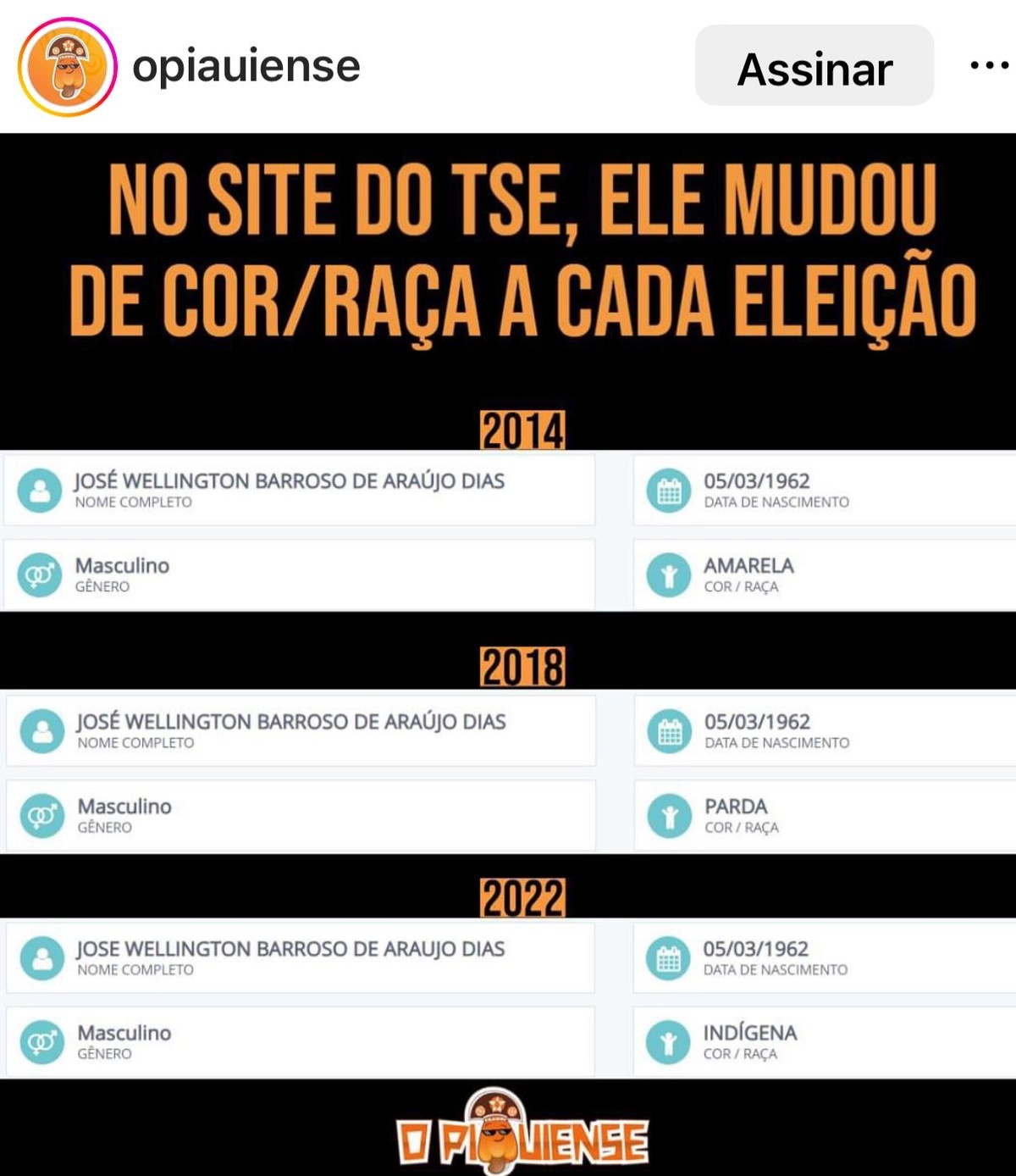 A página O Piauiense destaca nesse print as três raças declaradas pelo senador Wellington Dias