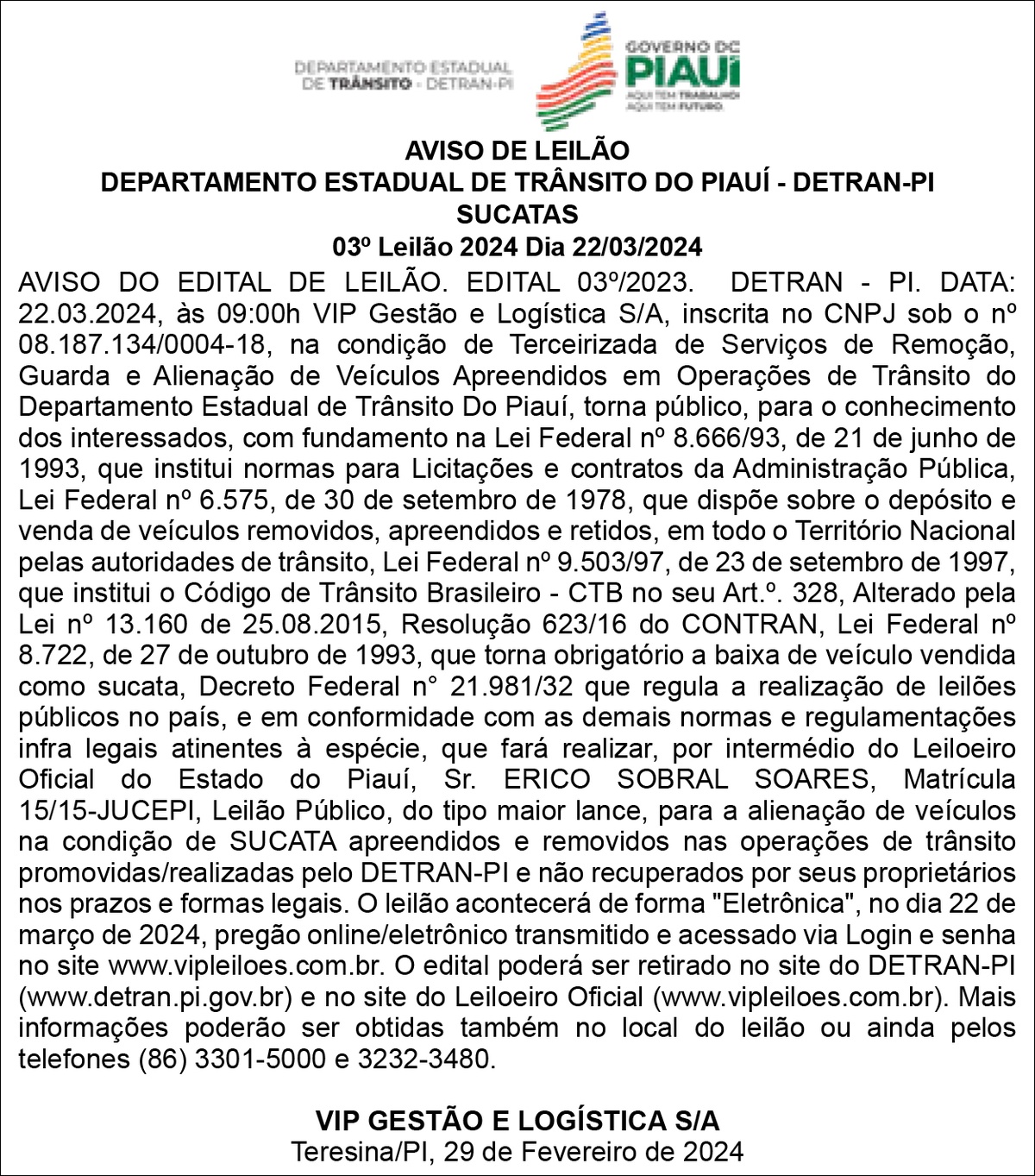 Aviso de Leilão de veículos sucata DetranPI Portal AZ