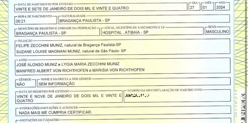 Certidão do filho de Suzane com Felipe