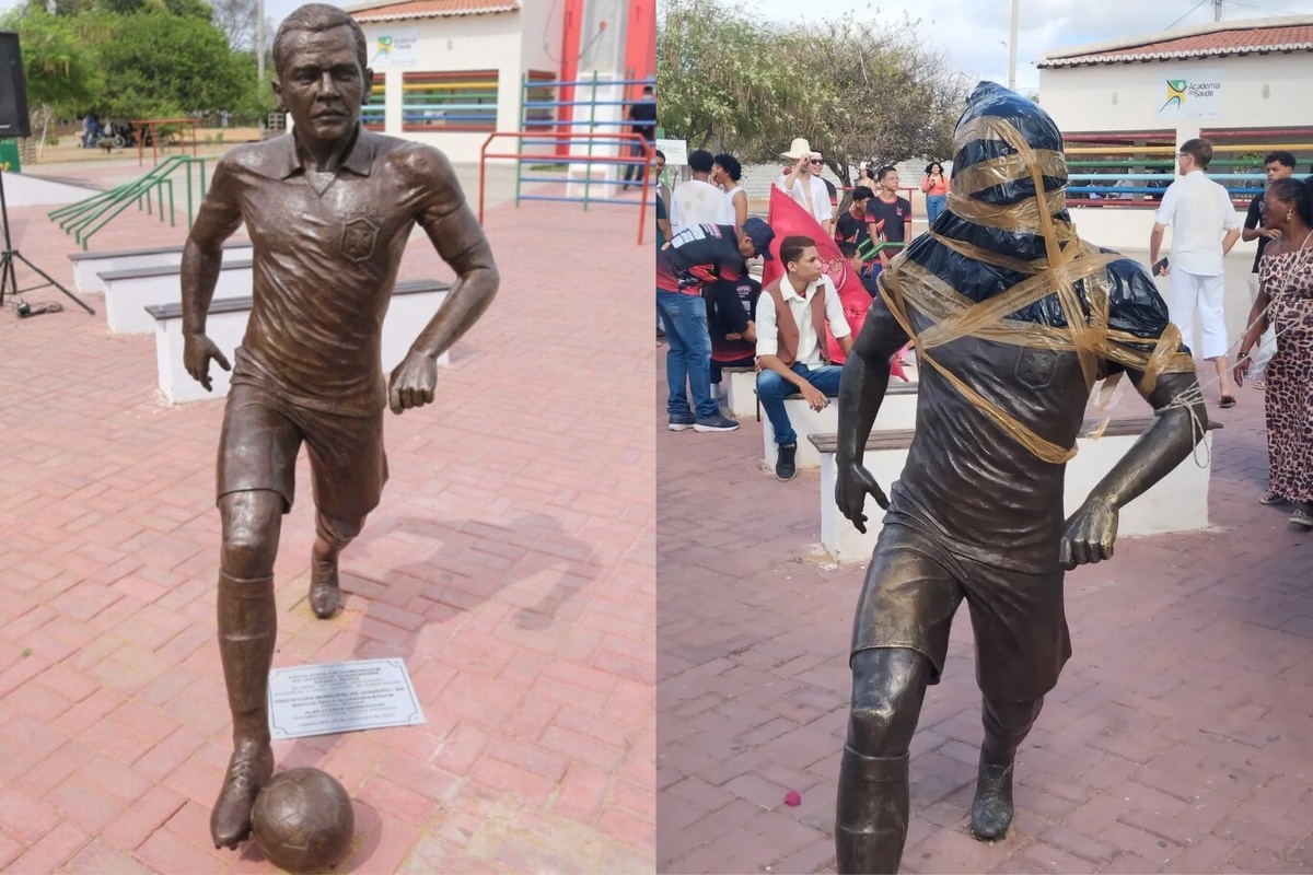 Estátua de Daniel Alves foi vandalizada em Juazeiro, na Bahia