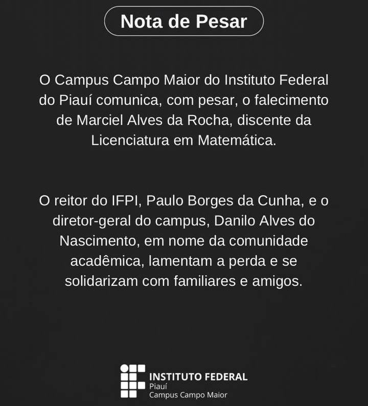 Nota de pesar do Instituto Federal do Piauí campus Campo Maior