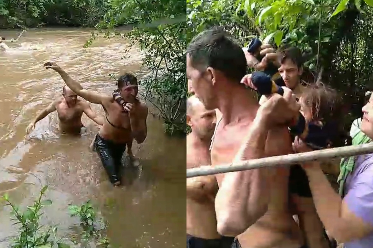 Tirolesa improvisada por falta de ponte em Milton Brandão
