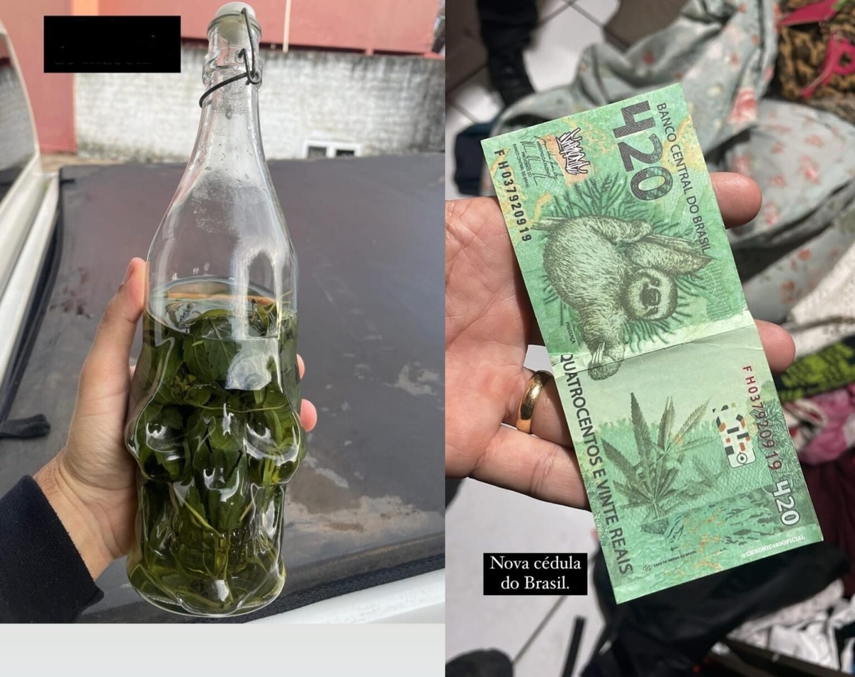 Além dos ilícitos e da cachaça de maconha, a polícia ainda apreendeu uma nota de R$ 420