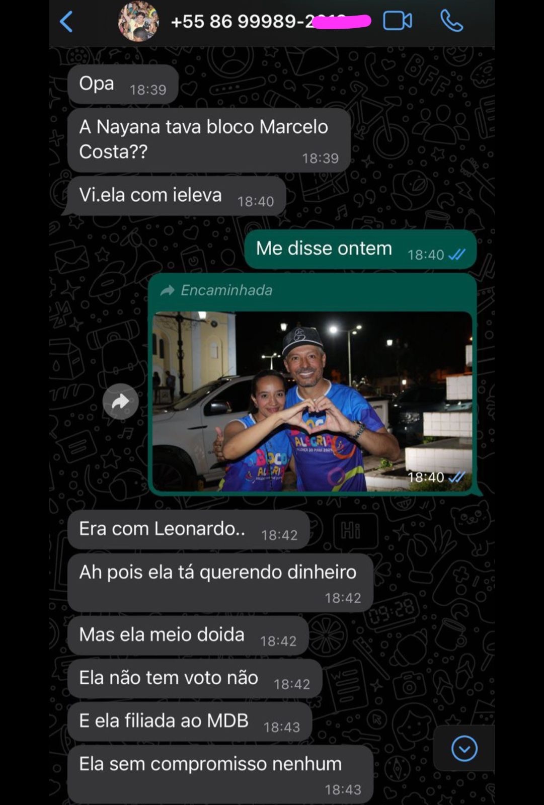 Aqui o print da conversa de Marllos onde chama Nayana de doida e que teria aderido ao prefeito por dinheiro