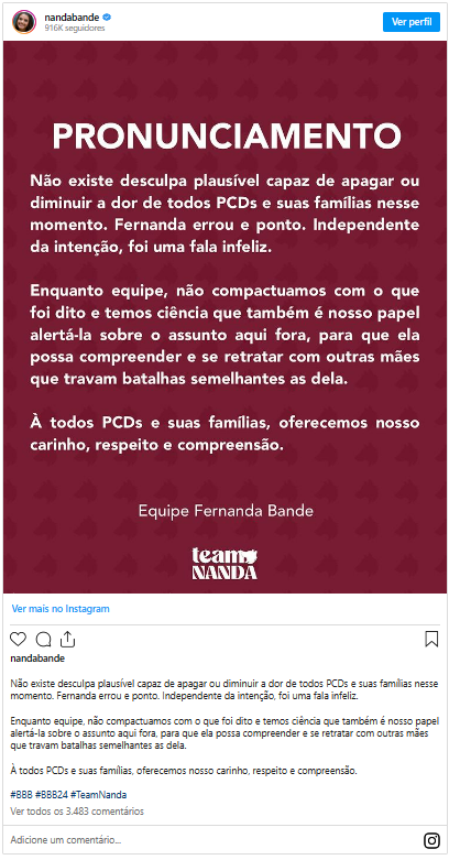 Equipe de Fernanda, via instagram.