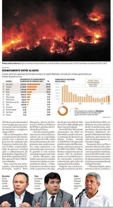 O fogo nos cerrados e os governadores da esquerda sendo responsabilizados na manchete do O Globo