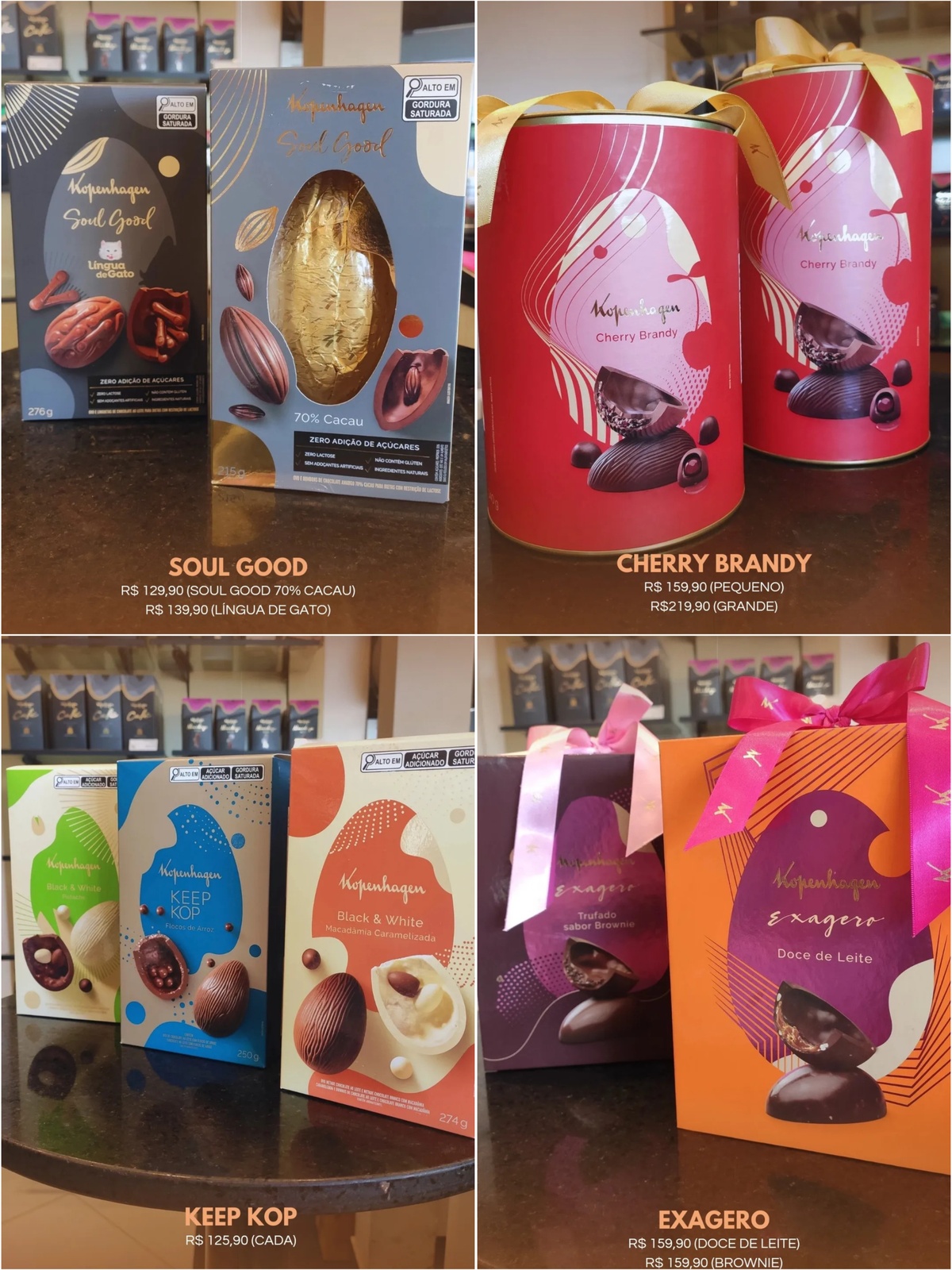 Ofertas de ovos de chocolate na Kopenhagen, que abrirá neste sábado (30) e também no domingo de páscoa