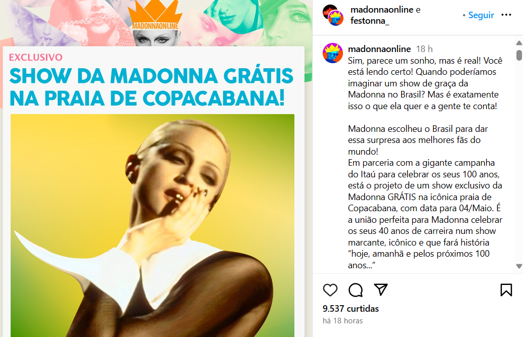 Publicação feita no perfil @madonnaonline e @festonna_