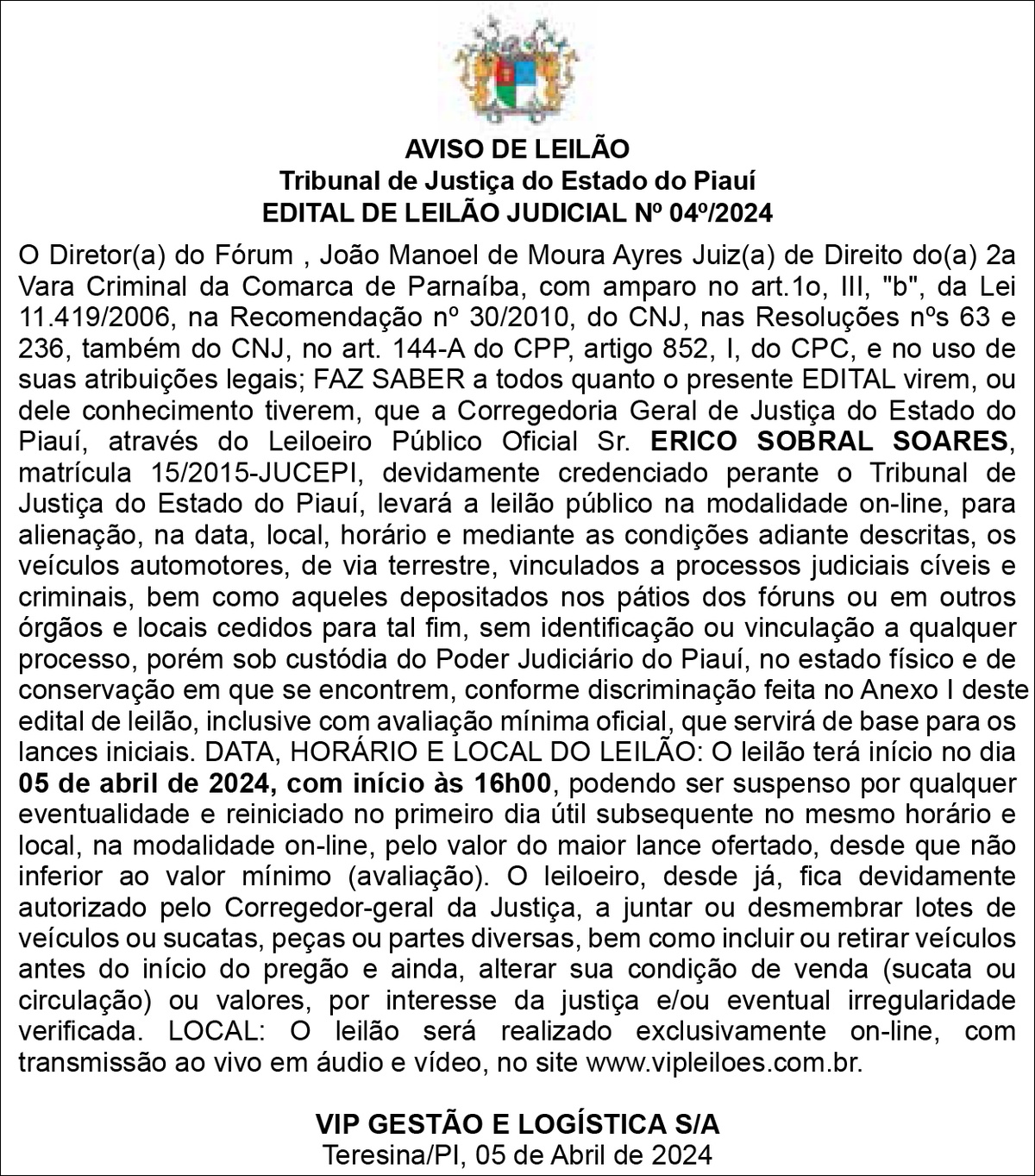 Aviso de leilão TJPI Portal AZ
