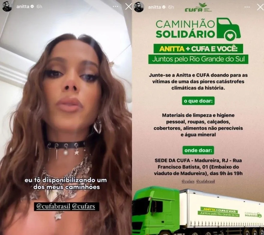 Anitta convoca fãs para realizarem doações destinas às vítimas no Rio Grande do Sul
