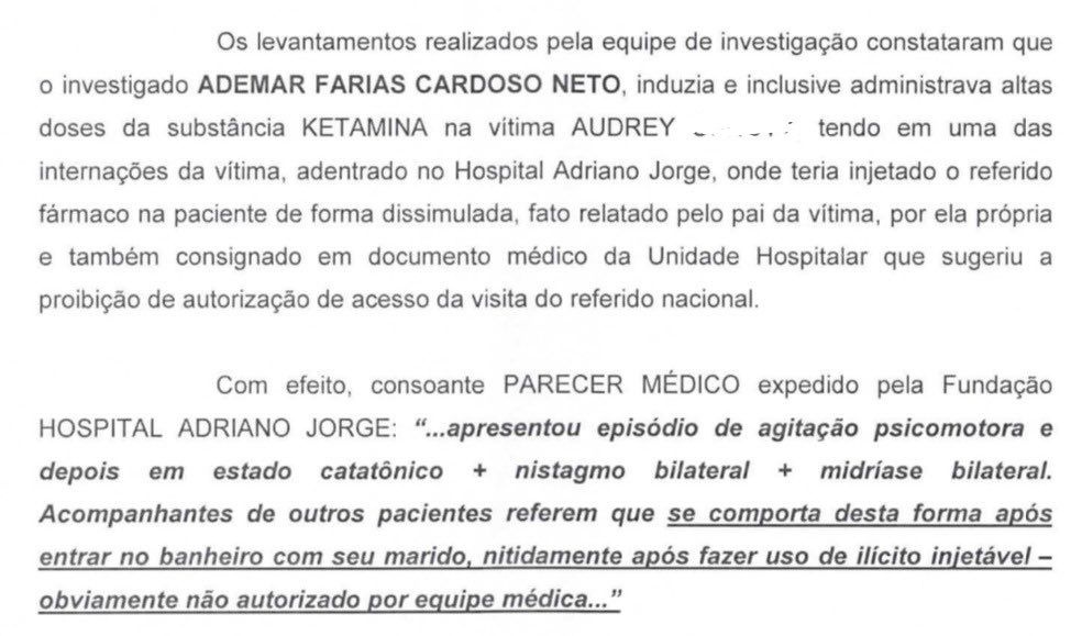 Em trecho do inquérito, a esposa do irmão de Djidja aparece como uma das vítima, forçada a usar os entorpecentes mesmo quando estava em uma unidade médica.