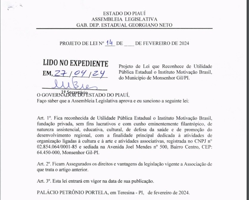Projeto de Lei do Georgiano para o Instituto se tornar Utilidade Publica Estadual