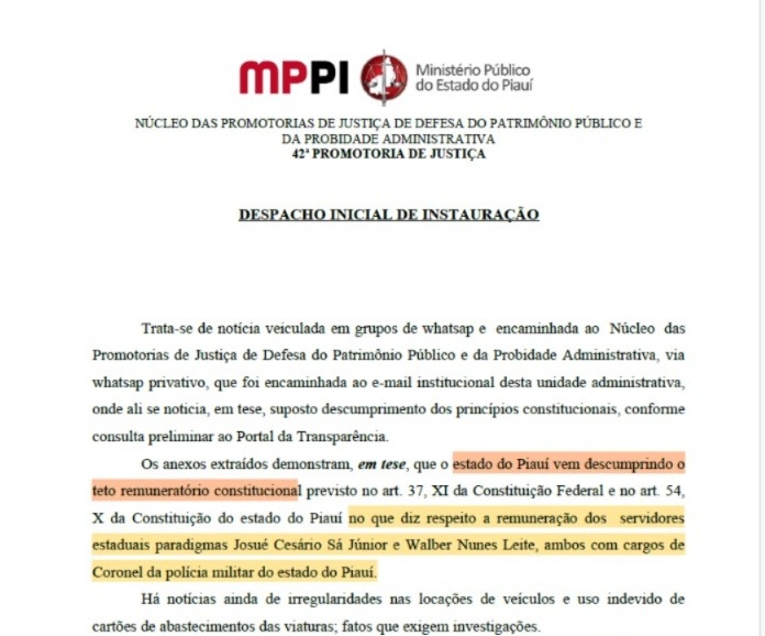 Noticia fato do MPPI sobre os coronéis apontados com vencimentos ''anormais''