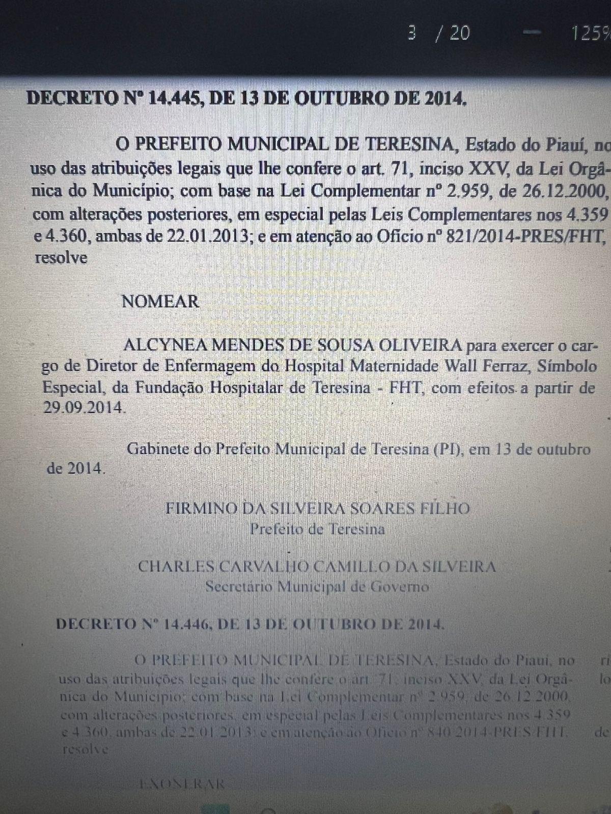 O decreto de que fala o comunicado da Aguas de Teresina trata de nomeação na PMT
