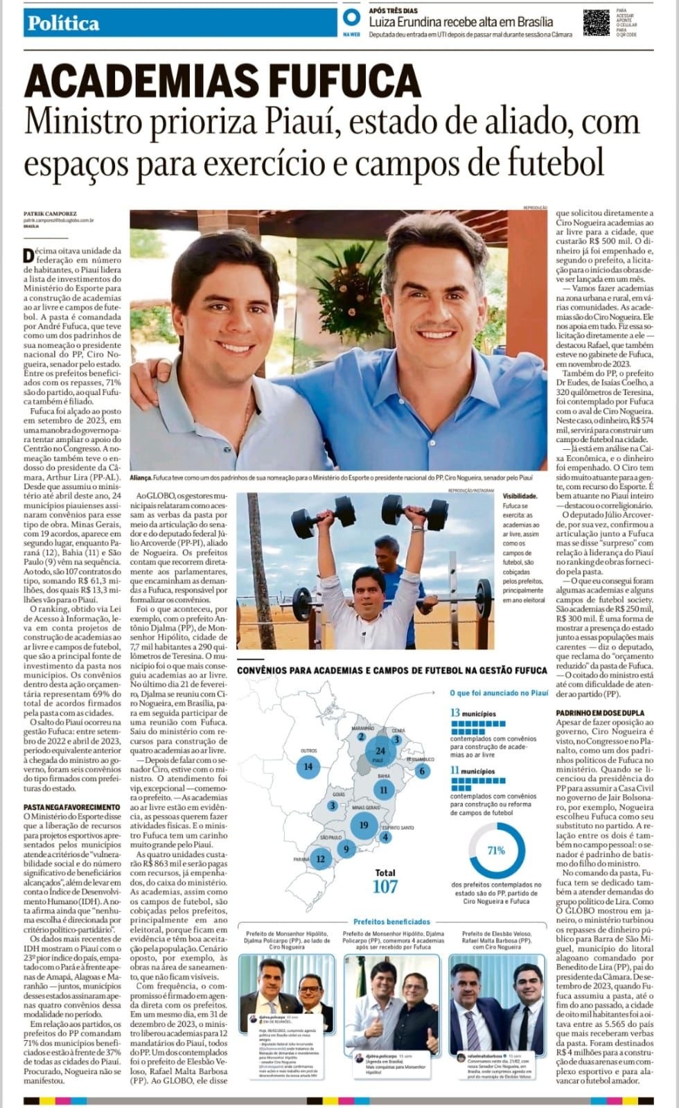 O jornal destaca a amizade entre Fufuca e Ciro e, também as obras do governo Luna nas cidades de Ciro