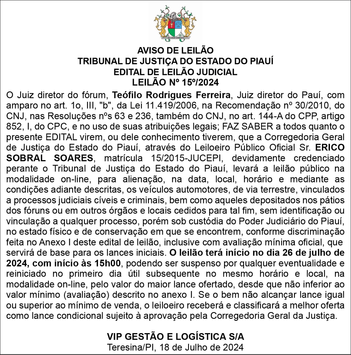 Aviso de Leilão TJ-PI