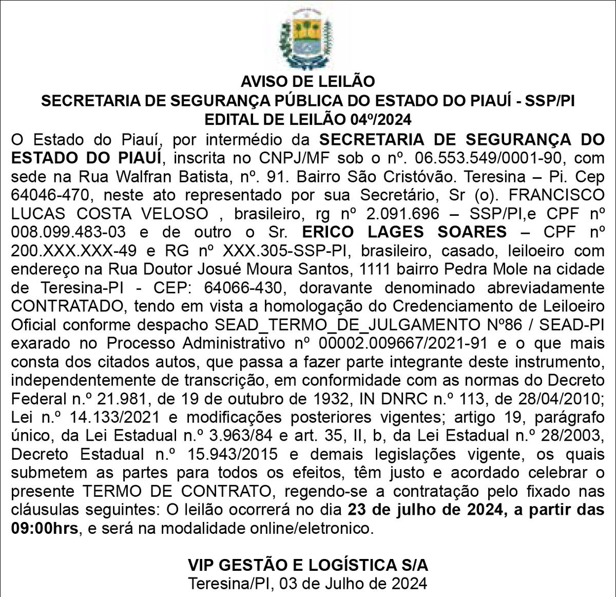 Aviso de Leilão