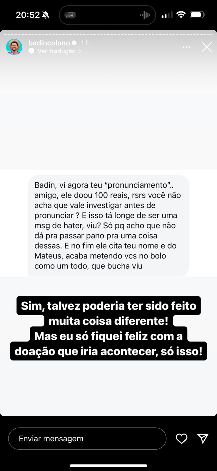 Badim respondeu à seguidores sobre a doação falsa