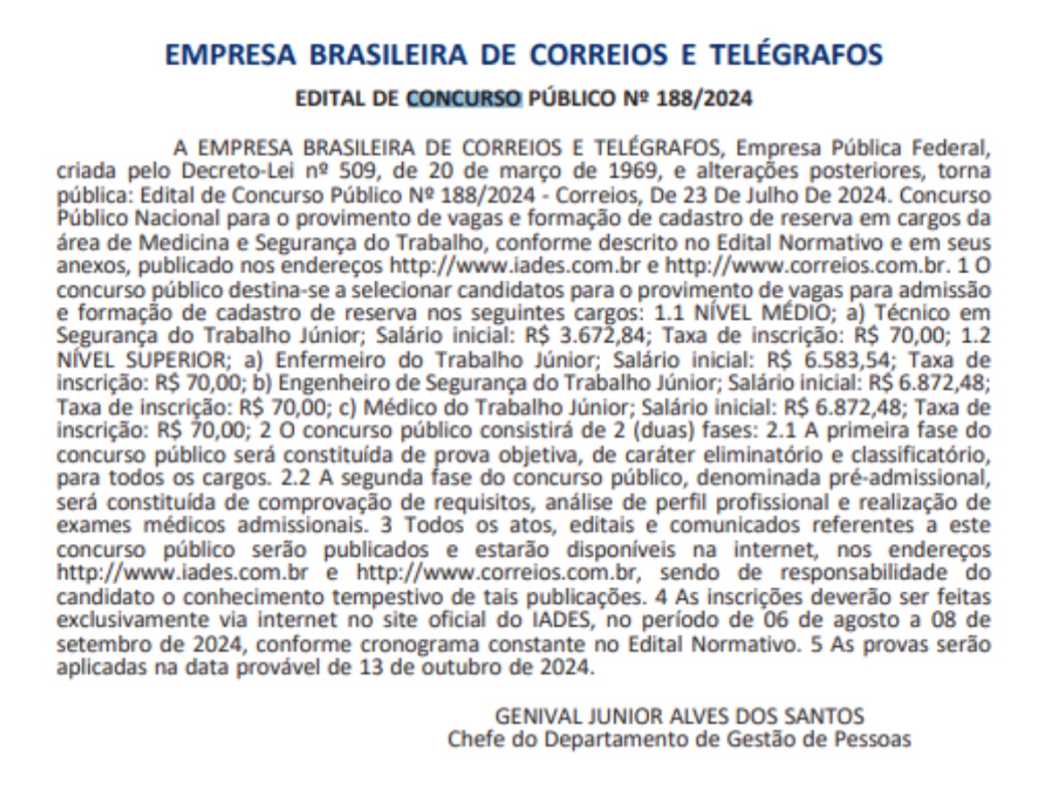 Extrato de edital do concurso