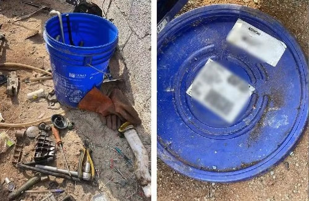Galão aberto estava em um desmanche, o restante do material não foi encontrado