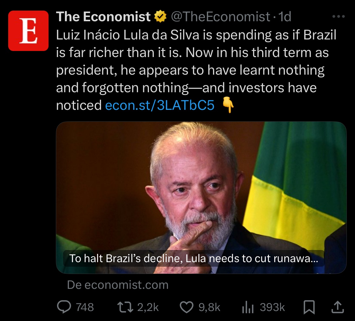 “Luiz Inácio Lula da Silva está gastando como se o Brasil fosse muito mais rico do que é. Agora, no seu terceiro mandato como presidente, ele parece não ter aprendido nada nem esquecido nada – e os investidores notaram“