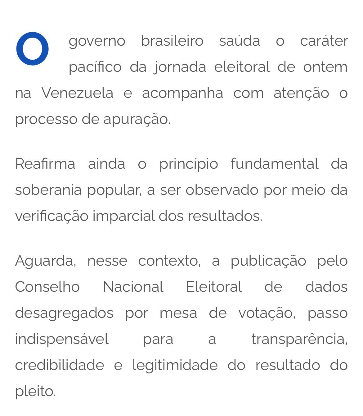 Nota do governo brasileiro sobre eleições da Venezuela