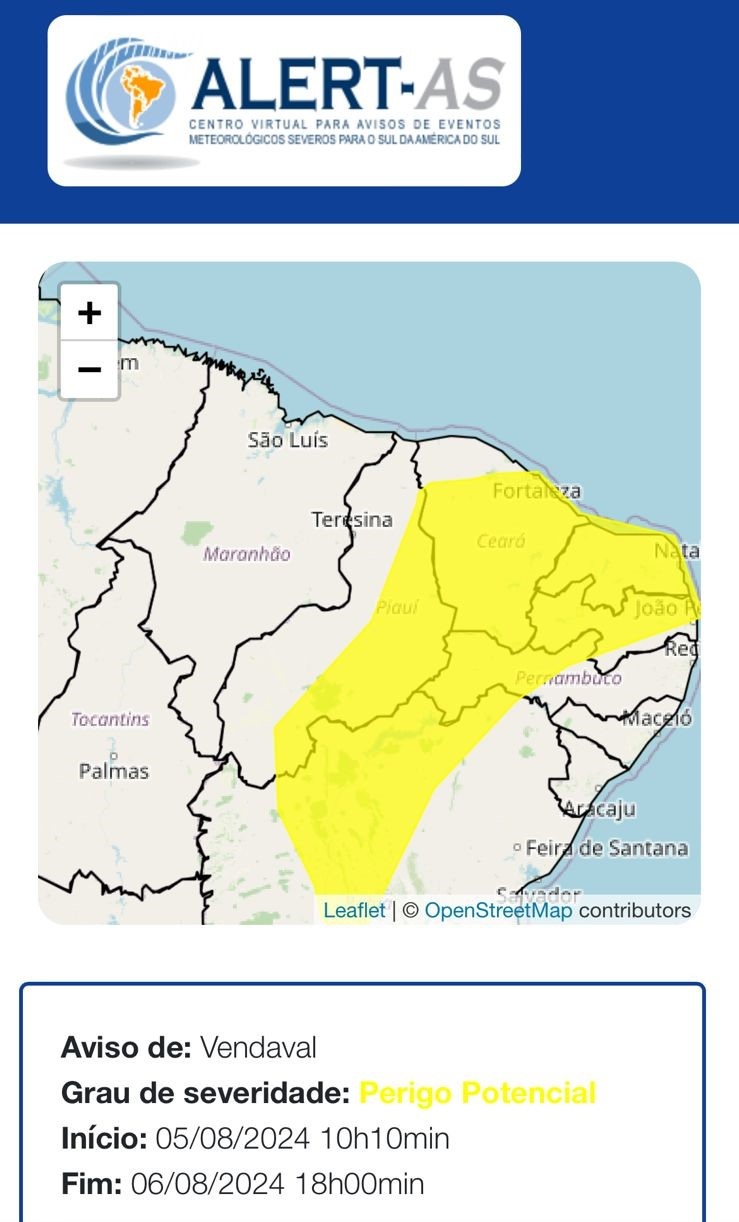 Alerta de vendaval foi renovado até amanhã, terça-feira (6); durante o fim de semana o Piauí também esteve sob fortes ventos.