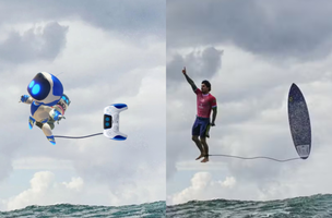 Astrobot "surfa" em homenagem ao surfista brasileiro que alcançou nota recorde nas Olimpíadas. (Foto: Reprodução/PlayStation Brasil/Jerome Brouillet)