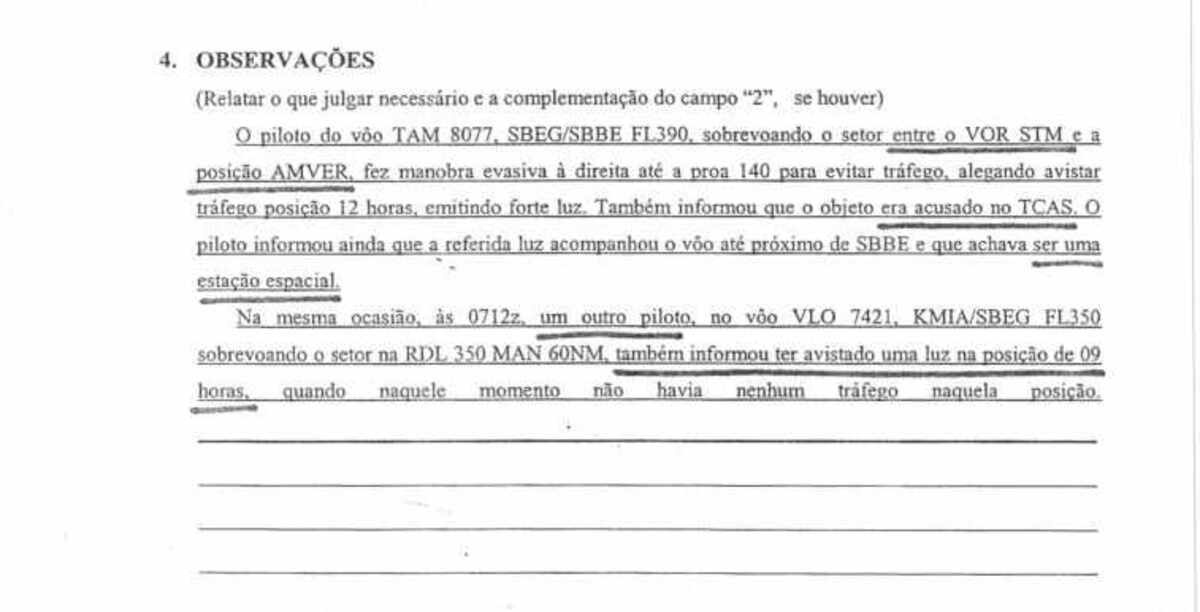Relato de piloto da antiga TAM sobre o avistamento de OVNI