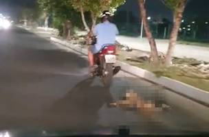 Vídeo: homem arrasta cachorro no asfalto amarrado em motocicleta em Teresina (Foto: Reprodução)