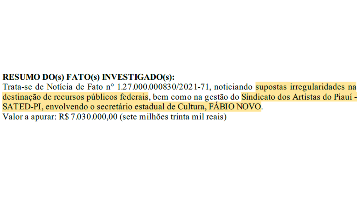 Fábio Novo é alvo da investigação desde denúncia em 2021
