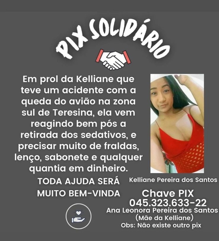 Família de Kelliane divulga chave Pix para receber dações que possam ajudar na compra de itens de higiene para a jovem