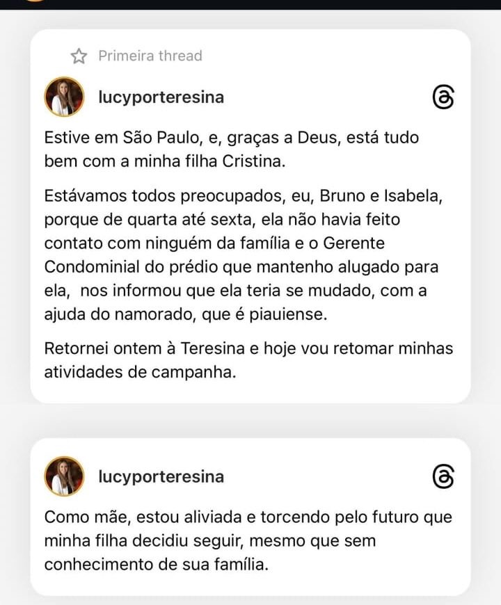 Na postagem Lucy informa que não encontrou a filha em SP