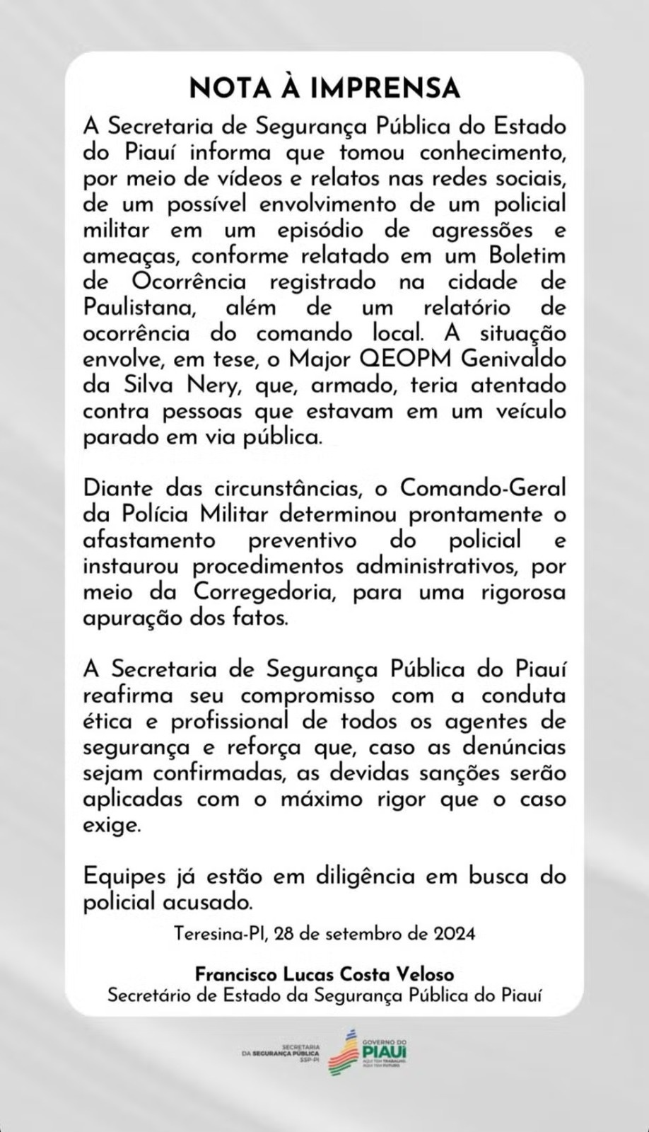 Nota da Secretaria de Segurança Pública do Piauí