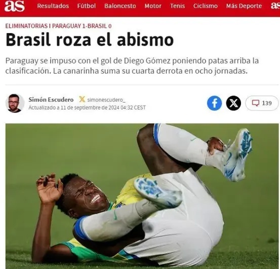 - O Brasil à beira do abismo. Vinicius Júnior voltou a desparecer. Se o Brasil quiser aspirar grandes coisas, precisa da melhor versão do astro do Real Madrid. - Trechos de matéria do jornal espanhol 'AS'.