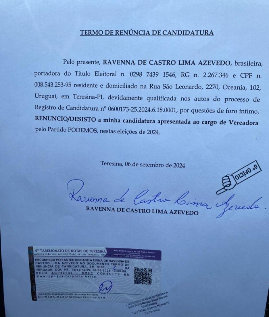 O termo de renúncia assinado por Ravena e já encaminhado à direção do Podemos.