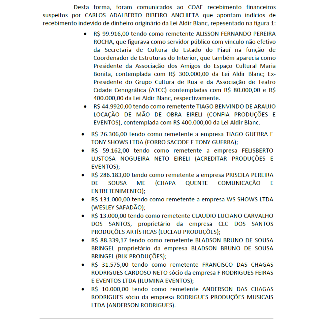 Recebimento de valores suspeitos na conta bancária de Anchieta