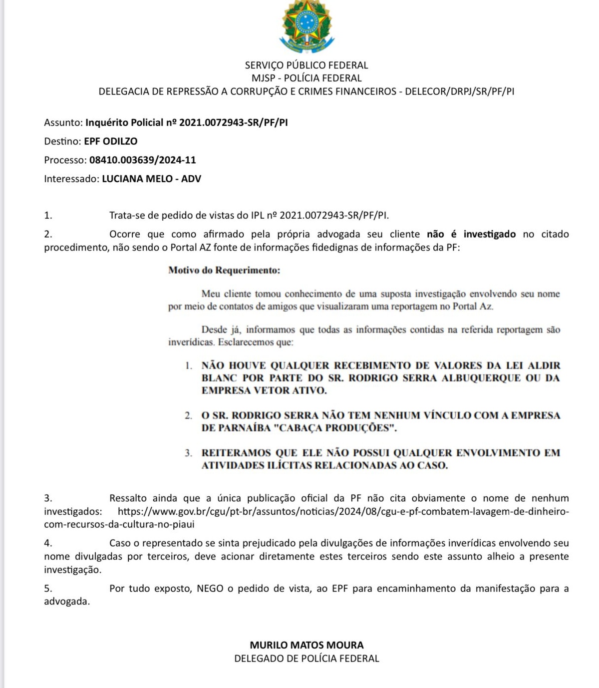 Resposta do delegado da PF a requerimento da advogada