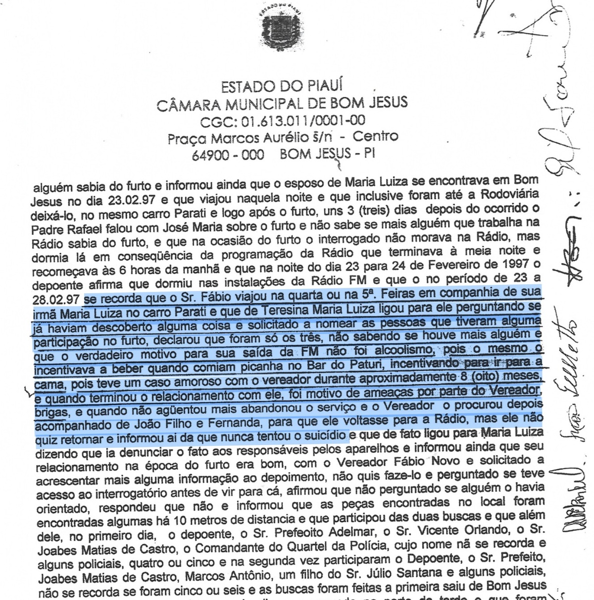 Trecho do depoimento de José Maria Lustosa