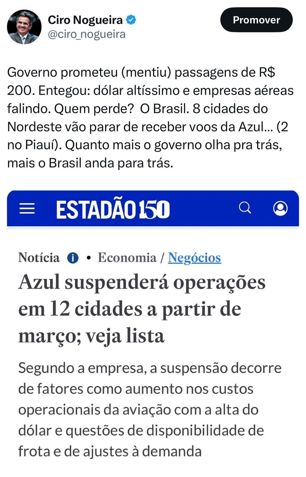 Ciro faz críticas ao governo Lula no seu perfil no X