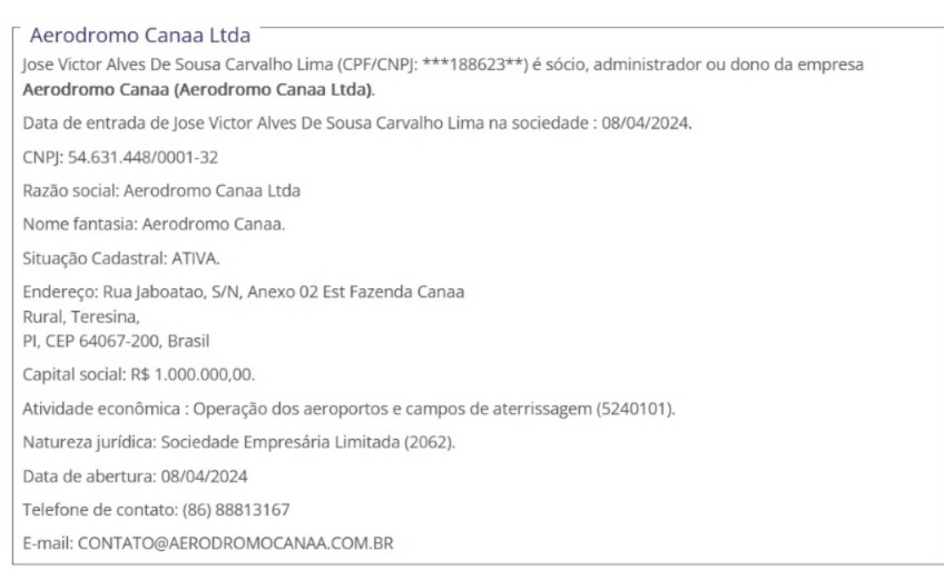 Empresa familiar que consta participação de José Victor