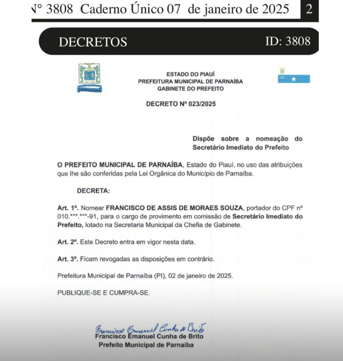 O decreto de nomeação de Mão Santa como secretário