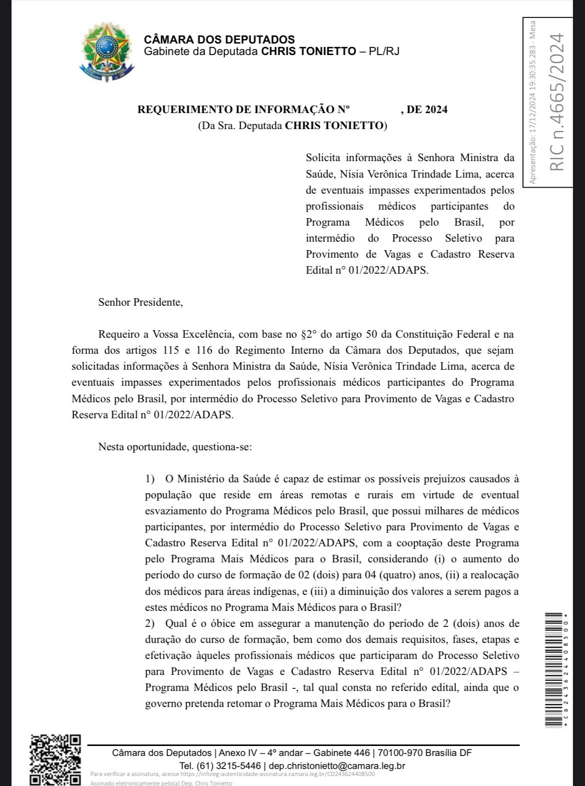 Pedido de explicações da deputada Chris Tonietto ao governo Lula