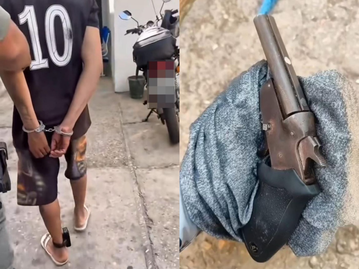 Suspeito e a arma apreendida