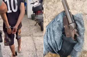 Suspeito e a arma apreendida (Foto: Polícia Militar)