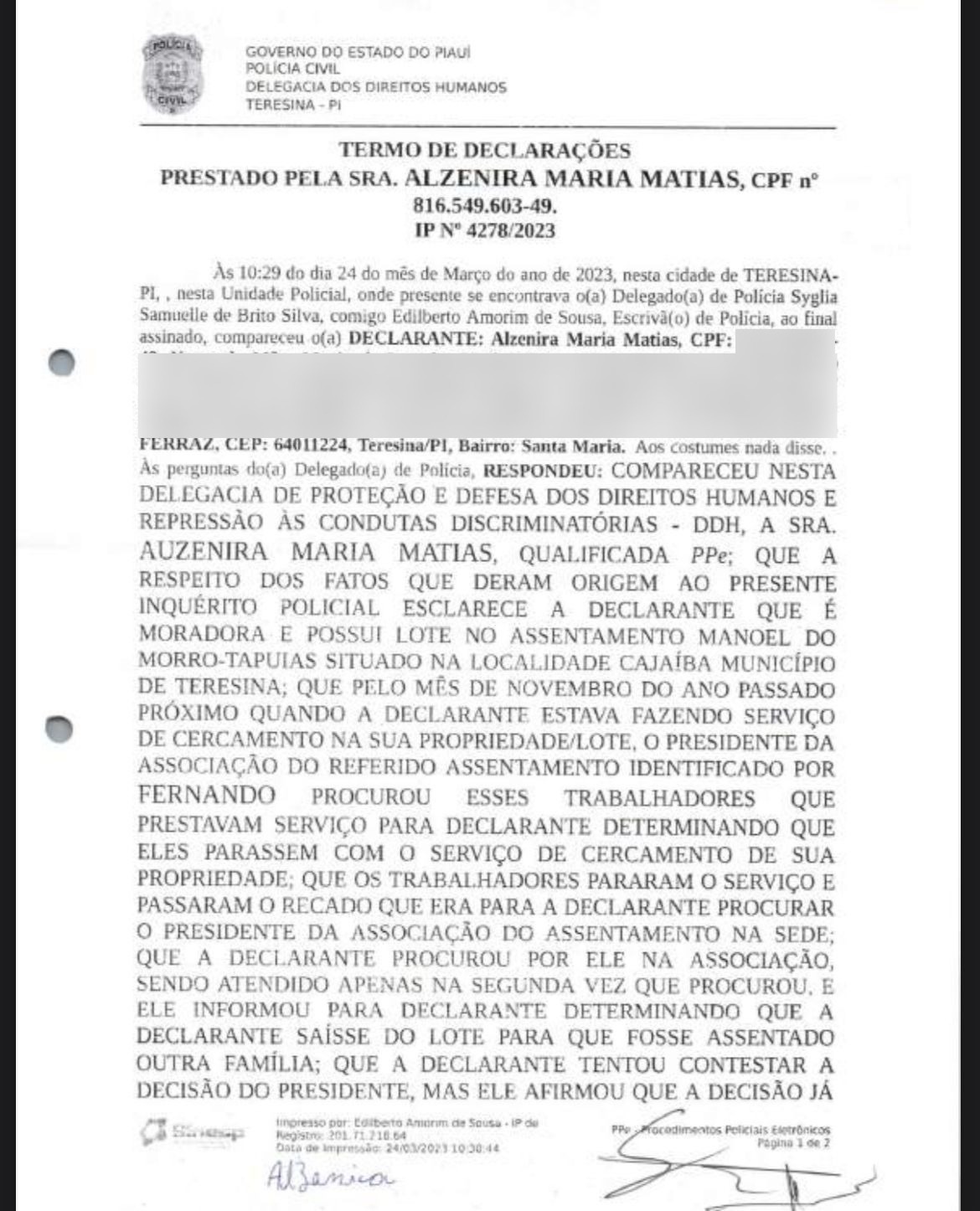 Declaração das vítimas