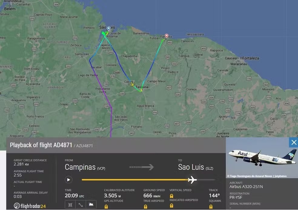 Trajeto do voo que partiu de Campinas com destino à São Luis