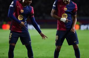 Lamine Yamal comemora seu gol na vitória do Barcelona na Champions League (Foto: (Foto: Divulgação/Barcelona/X))