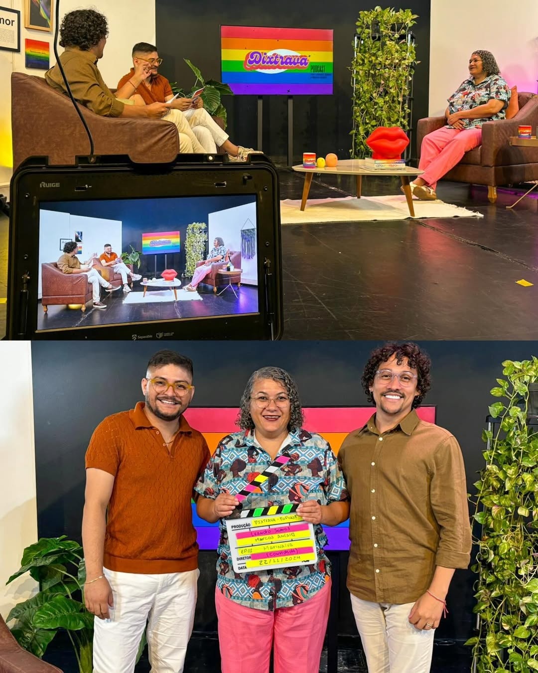 Leandro (à esquerda) e Marcos (à direita), juntamente com a Marinalva em participação em um dos episódios do podcast.