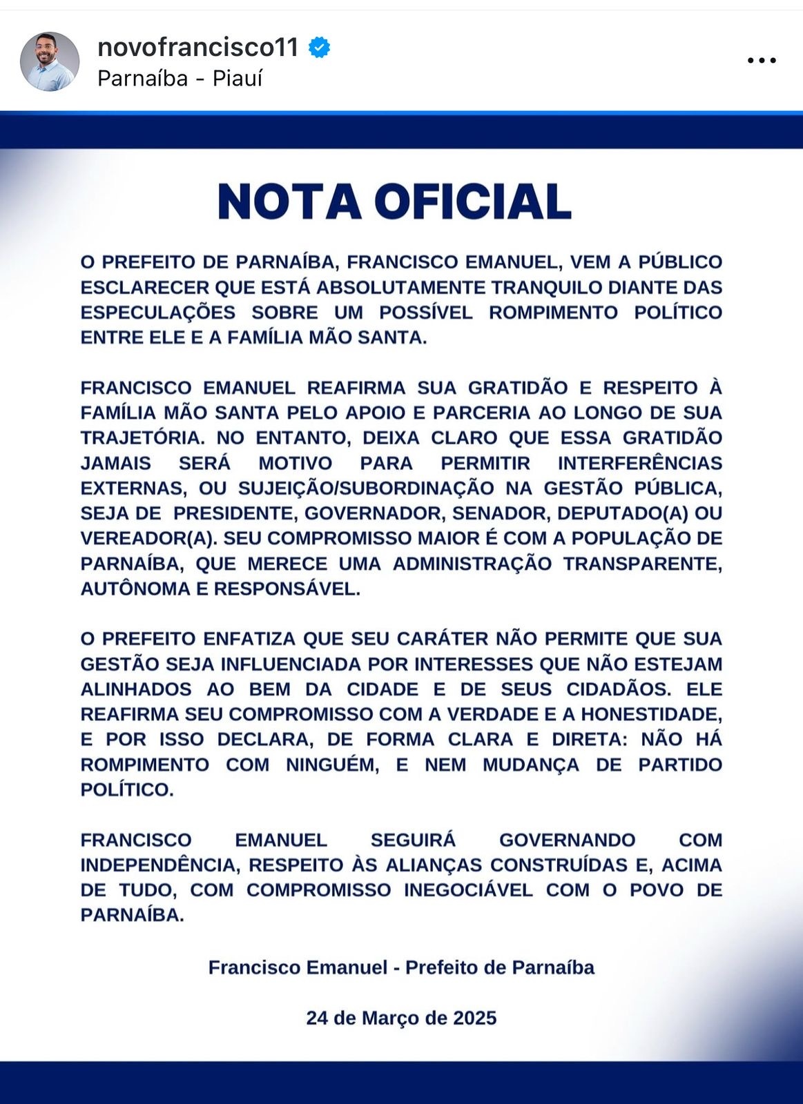 Nota de prefeito Francisco Emanuel